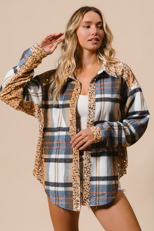 BiBi - Sequins & Plaid Button Up Shacket in Latte