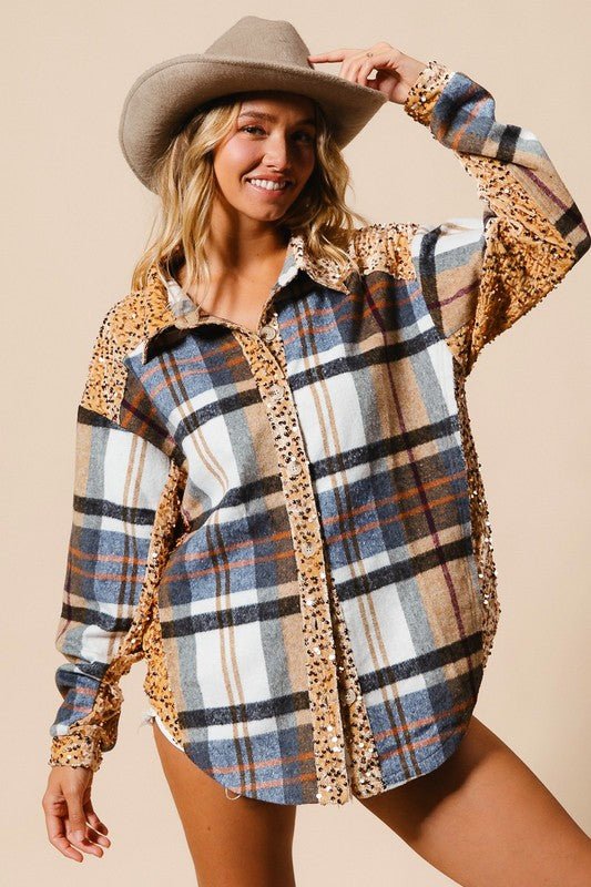 BiBi - Sequins & Plaid Button Up Shacket in Latte