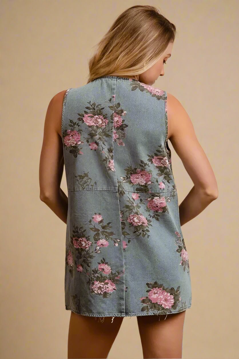 BiBi - Sleeveless Button - Front Denim Vest with Pink Floral Print