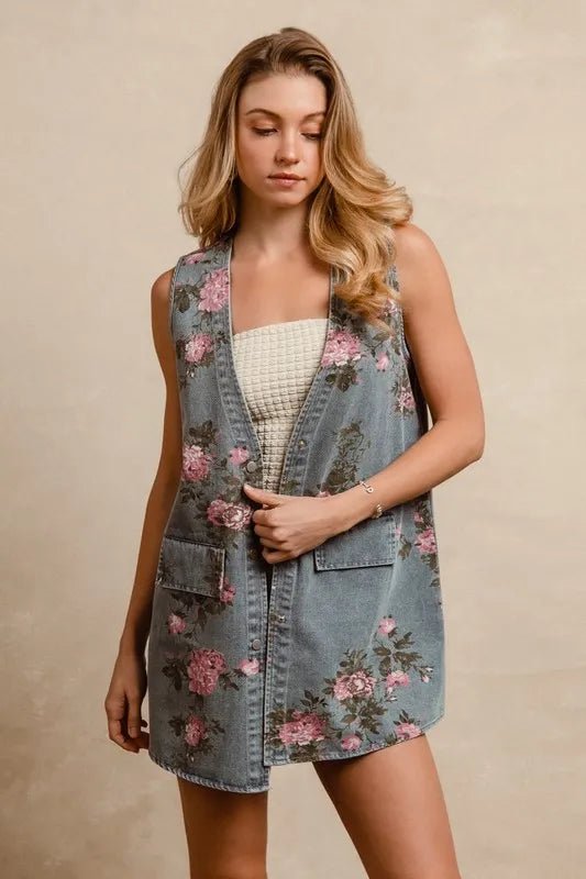 BiBi - Sleeveless Button - Front Denim Vest with Pink Floral Print