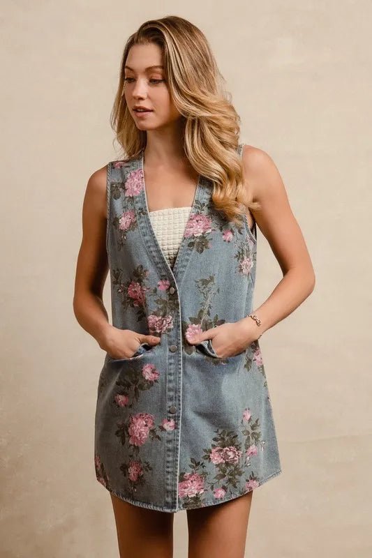 BiBi - Sleeveless Button - Front Denim Vest with Pink Floral Print