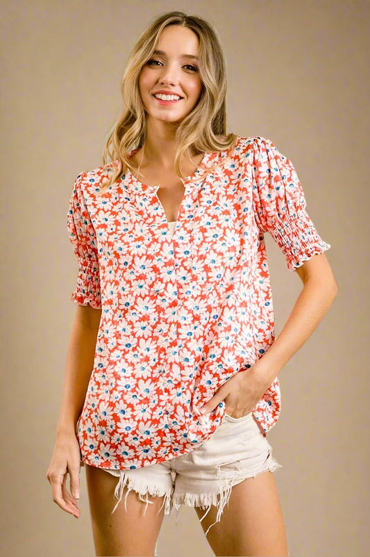 BiBi - Smocked Puff Sleeve Floral Blouse in Coral Daisy