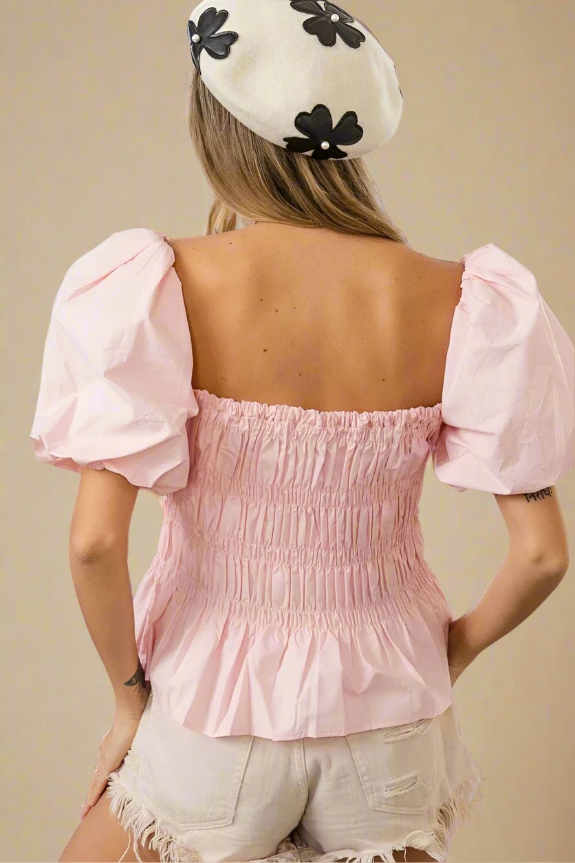 BiBi - Smocked Puff Sleeve Peplum Top in Soft Pink