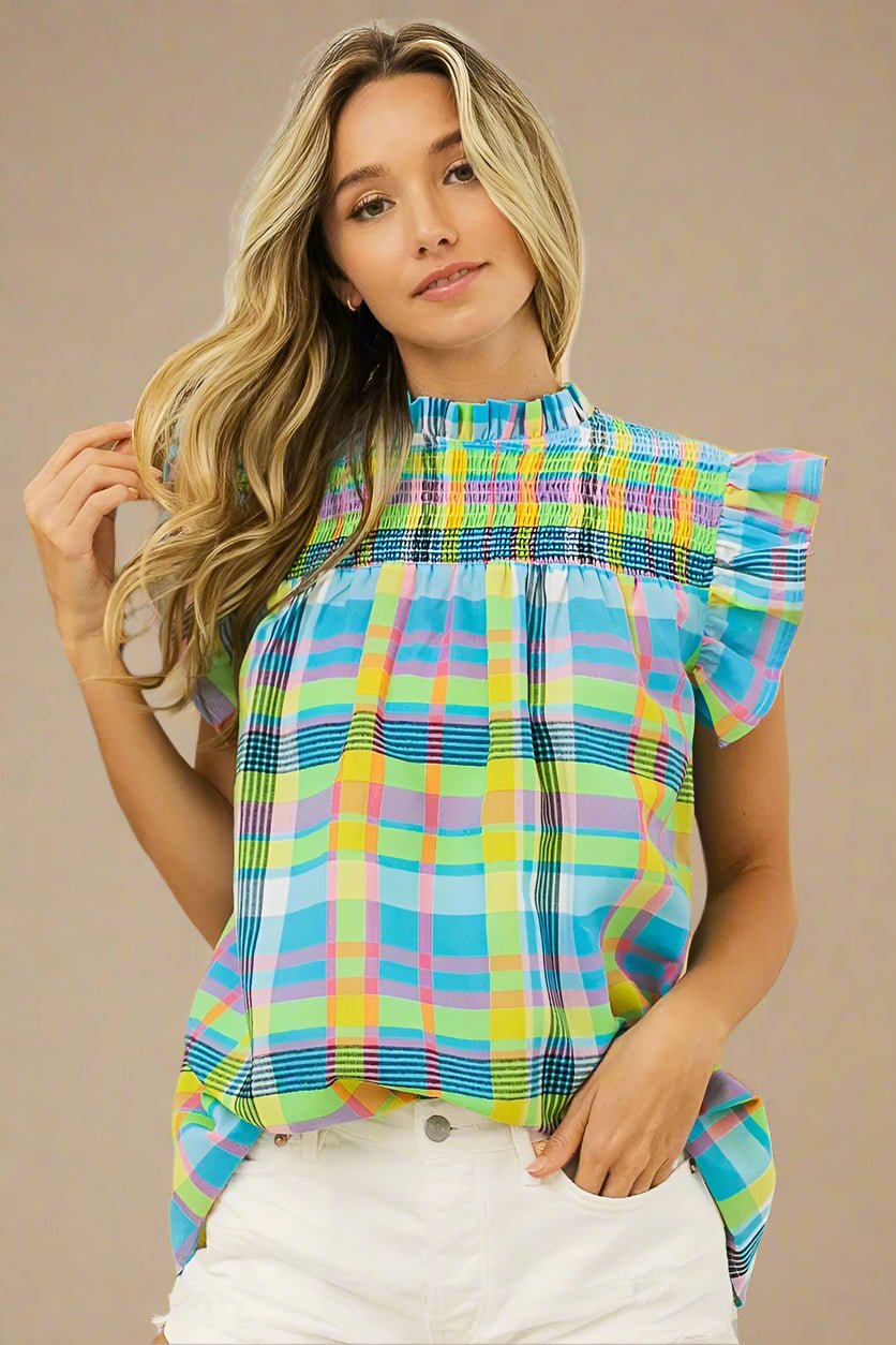 BiBi - Smocked Ruffle Sleeve Plaid Top in Multicolor