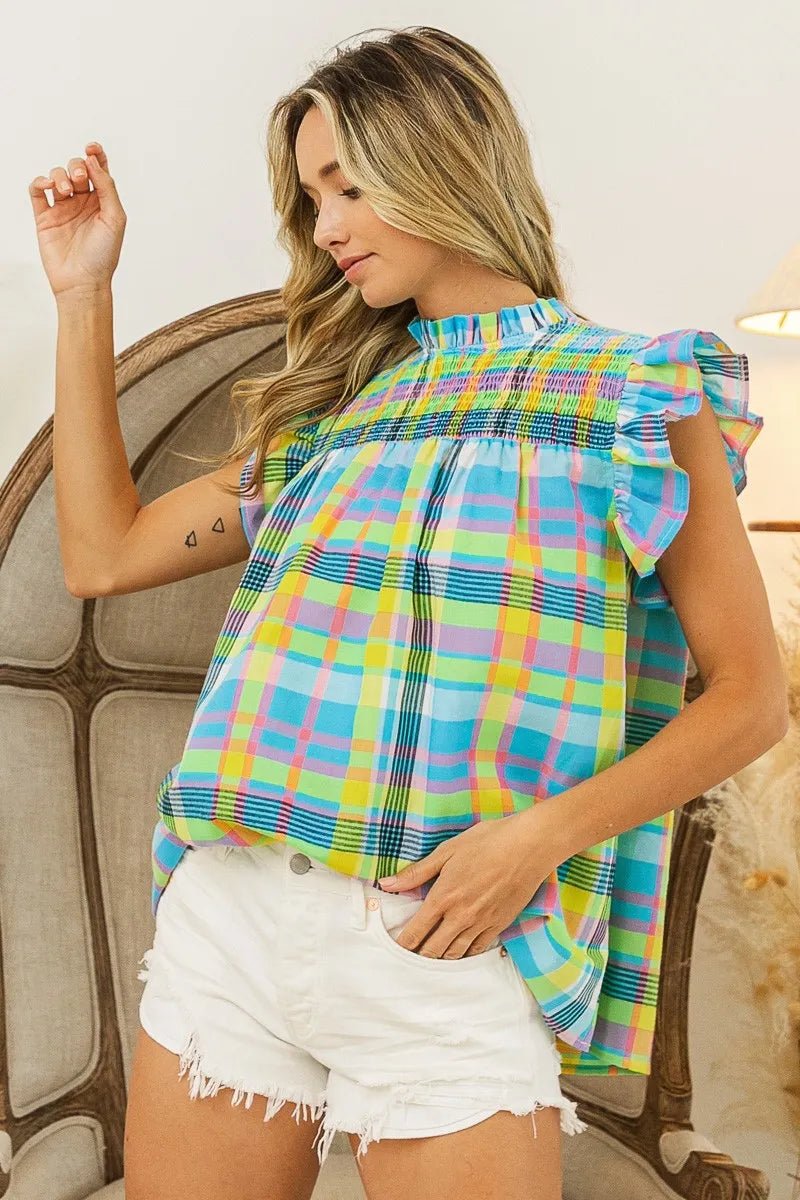 BiBi - Smocked Ruffle Sleeve Plaid Top in Multicolor