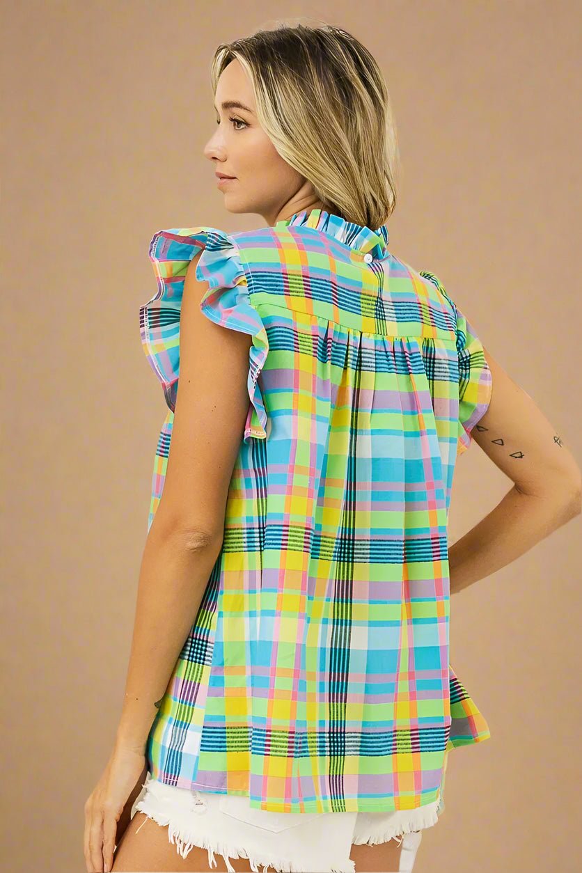 BiBi - Smocked Ruffle Sleeve Plaid Top in Multicolor