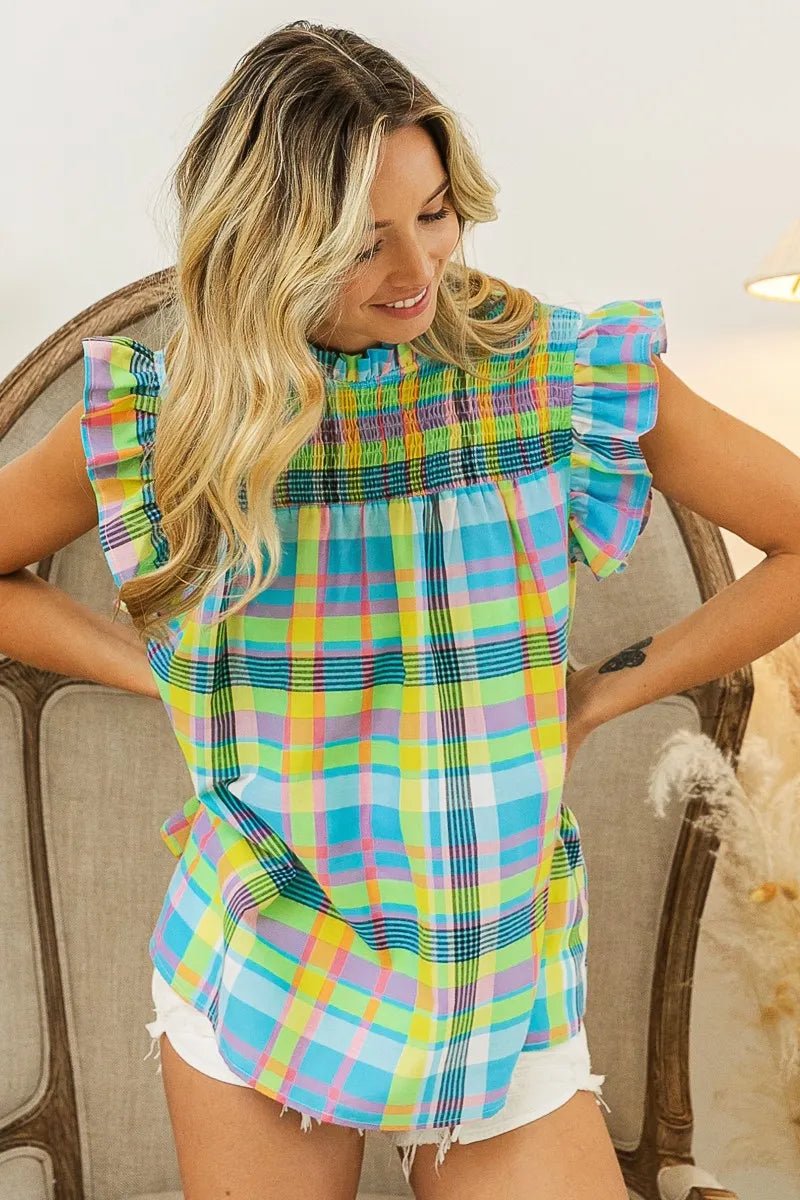BiBi - Smocked Ruffle Sleeve Plaid Top in Multicolor