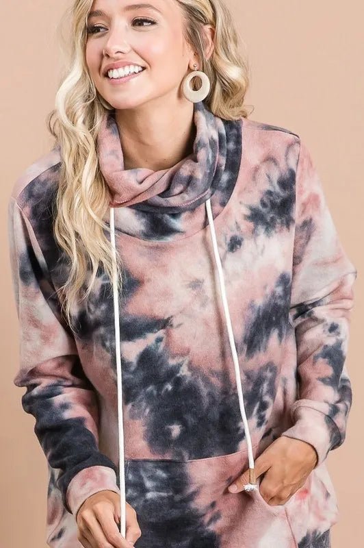 BiBi - Soft Cowl Neck Pullover – Charcoal Rose Tie - Dye