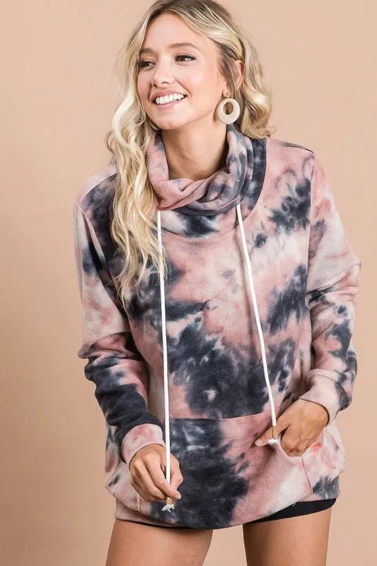 BiBi - Soft Cowl Neck Pullover – Charcoal Rose Tie - Dye