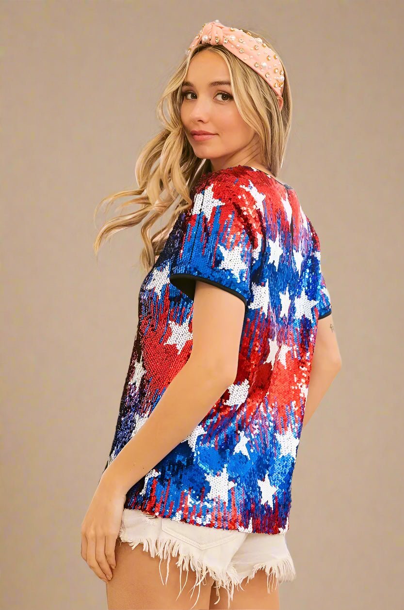BiBi - Star Spangled Sequin Tee in Red, White, and Blue