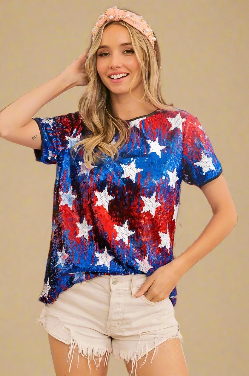 BiBi - Star Spangled Sequin Tee in Red, White, and Blue