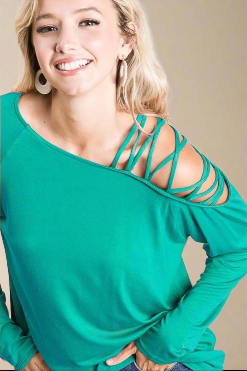 BiBi - Strappy Cold Shoulder Long Sleeve Top in Tropical Teal
