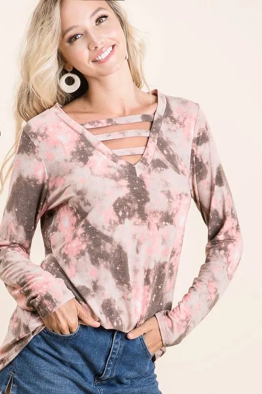 BiBi - Strappy Tie - Dye Long Sleeve Top – Dusty Rose & Mocha