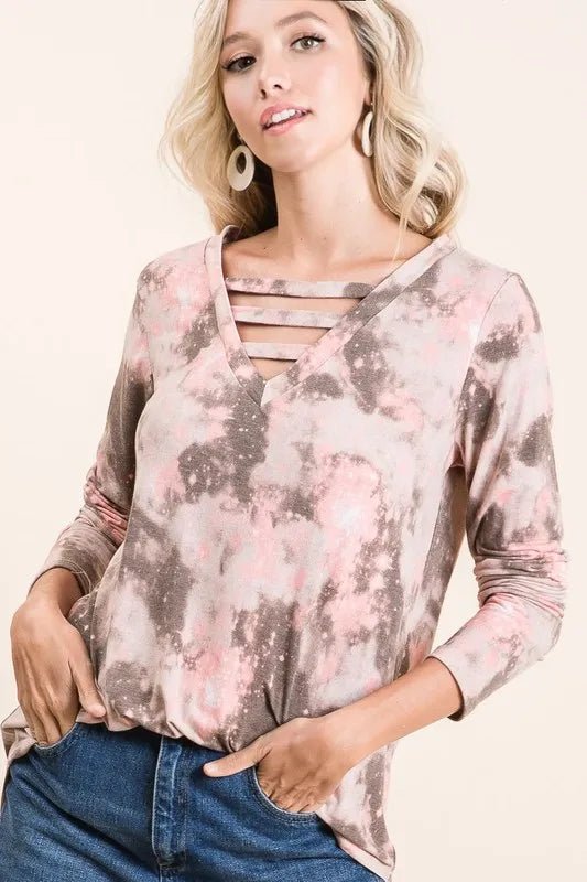 BiBi - Strappy Tie - Dye Long Sleeve Top – Dusty Rose & Mocha