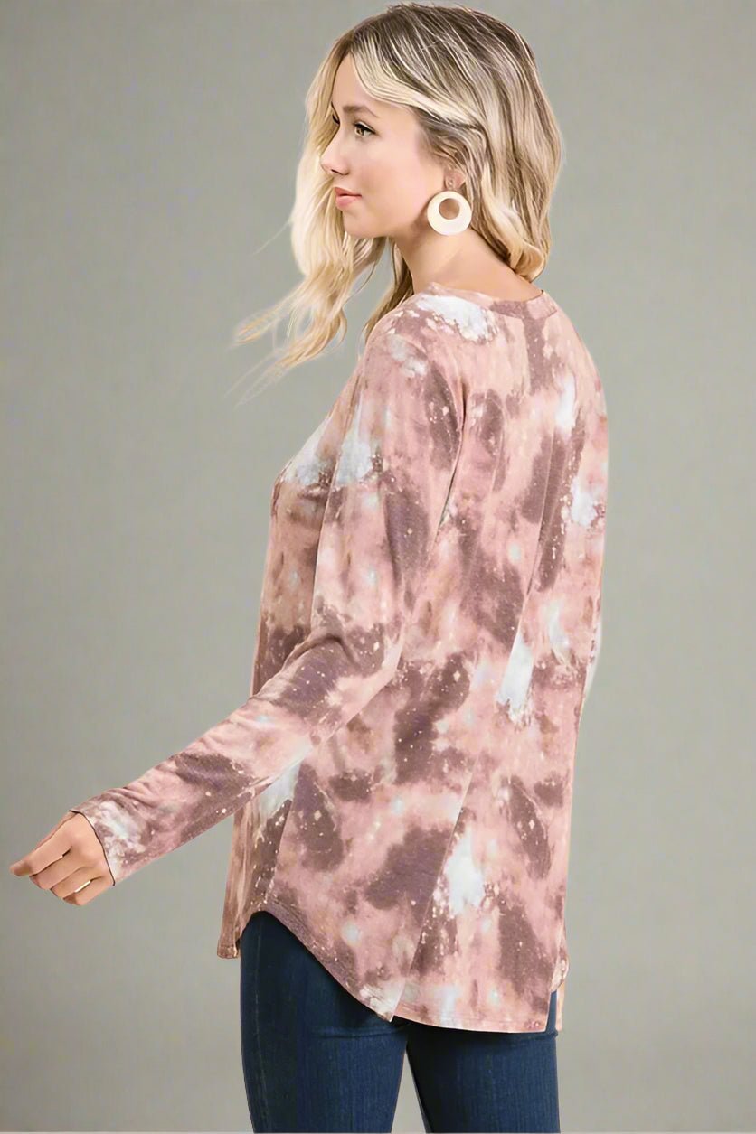 BiBi - Strappy Tie - Dye Long Sleeve Top – Dusty Rose & Mocha