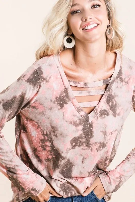 BiBi - Strappy Tie - Dye Long Sleeve Top – Dusty Rose & Mocha