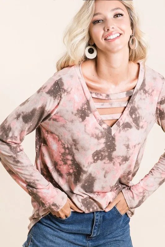 BiBi - Strappy Tie - Dye Long Sleeve Top – Dusty Rose & Mocha