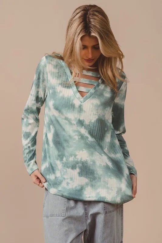 BiBi - Strappy Tie - Dye Long Sleeve Top – Smoky Sage & Ivory