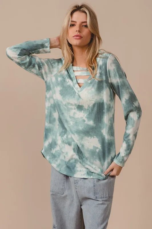 BiBi - Strappy Tie - Dye Long Sleeve Top – Smoky Sage & Ivory