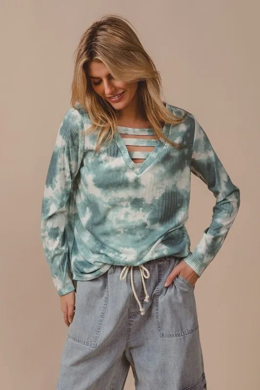 BiBi - Strappy Tie - Dye Long Sleeve Top – Smoky Sage & Ivory