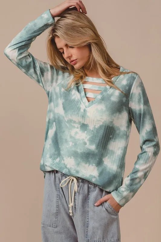 BiBi - Strappy Tie - Dye Long Sleeve Top – Smoky Sage & Ivory
