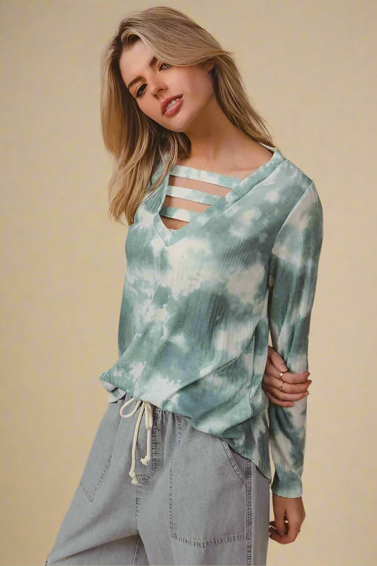 BiBi - Strappy Tie - Dye Long Sleeve Top – Smoky Sage & Ivory