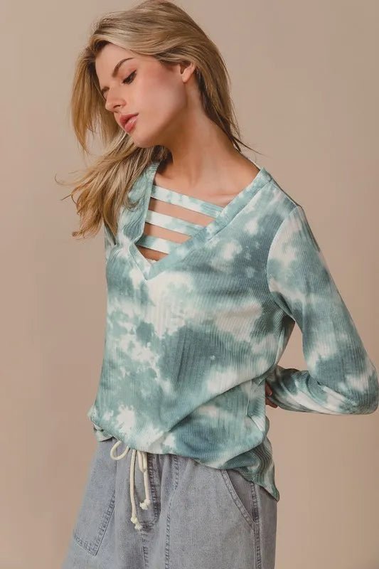 BiBi - Strappy Tie - Dye Long Sleeve Top – Smoky Sage & Ivory