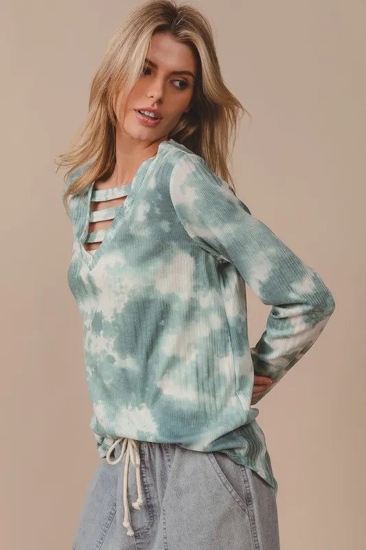 BiBi - Strappy Tie - Dye Long Sleeve Top – Smoky Sage & Ivory