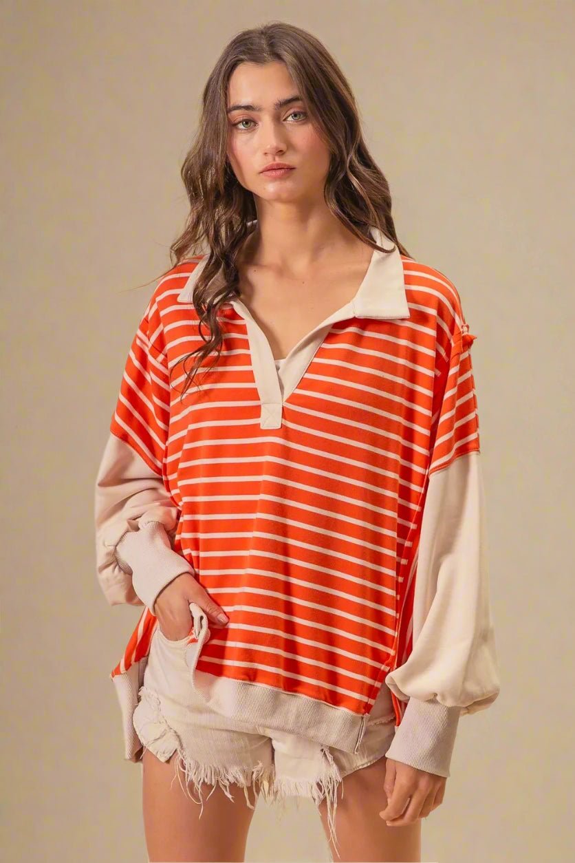 BiBi - Striped Colorblock Rugby Pullover – Tangerine & Cream