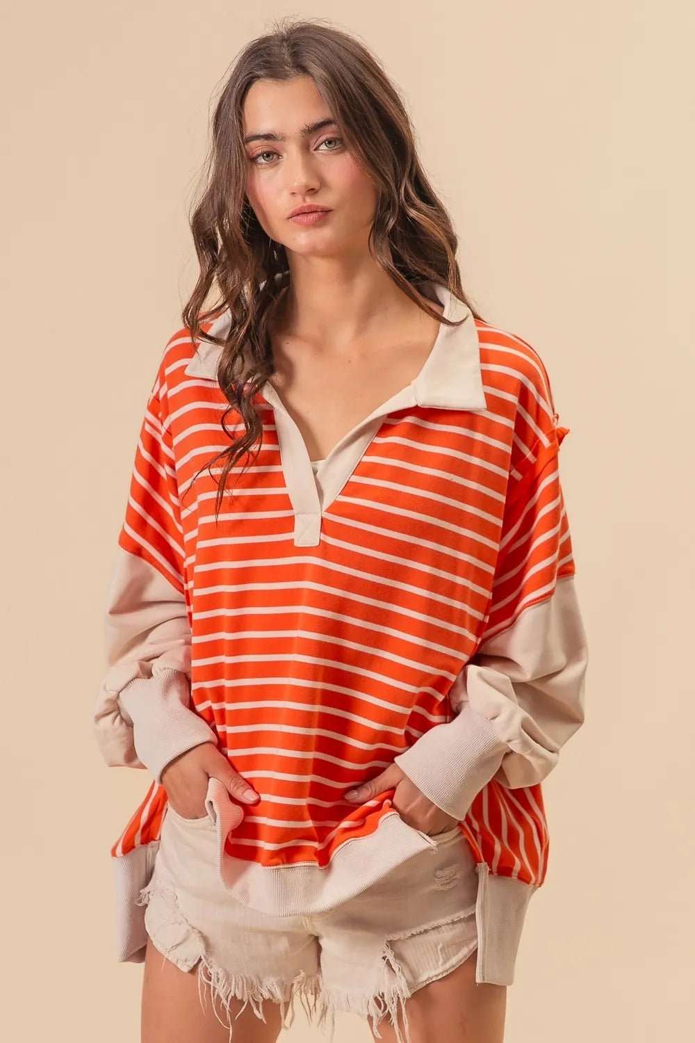 BiBi - Striped Colorblock Rugby Pullover – Tangerine & Cream