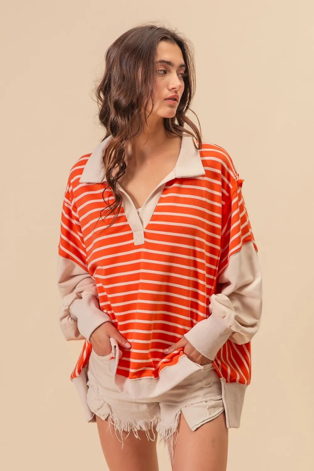 BiBi - Striped Colorblock Rugby Pullover – Tangerine & Cream