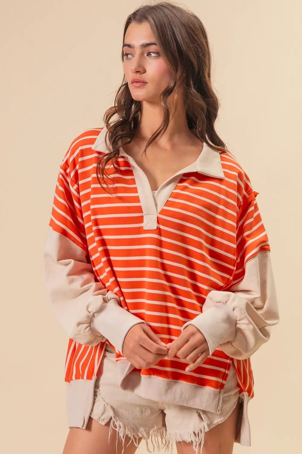 BiBi - Striped Colorblock Rugby Pullover – Tangerine & Cream