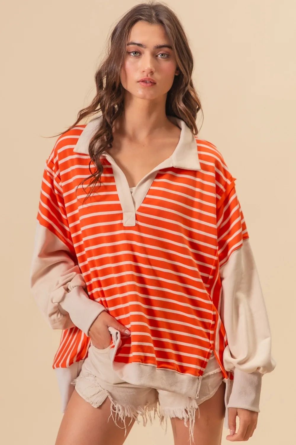BiBi - Striped Colorblock Rugby Pullover – Tangerine & Cream