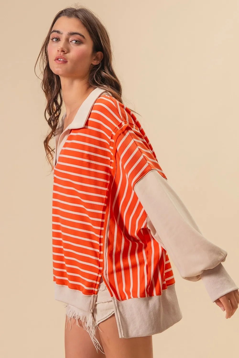 BiBi - Striped Colorblock Rugby Pullover – Tangerine & Cream
