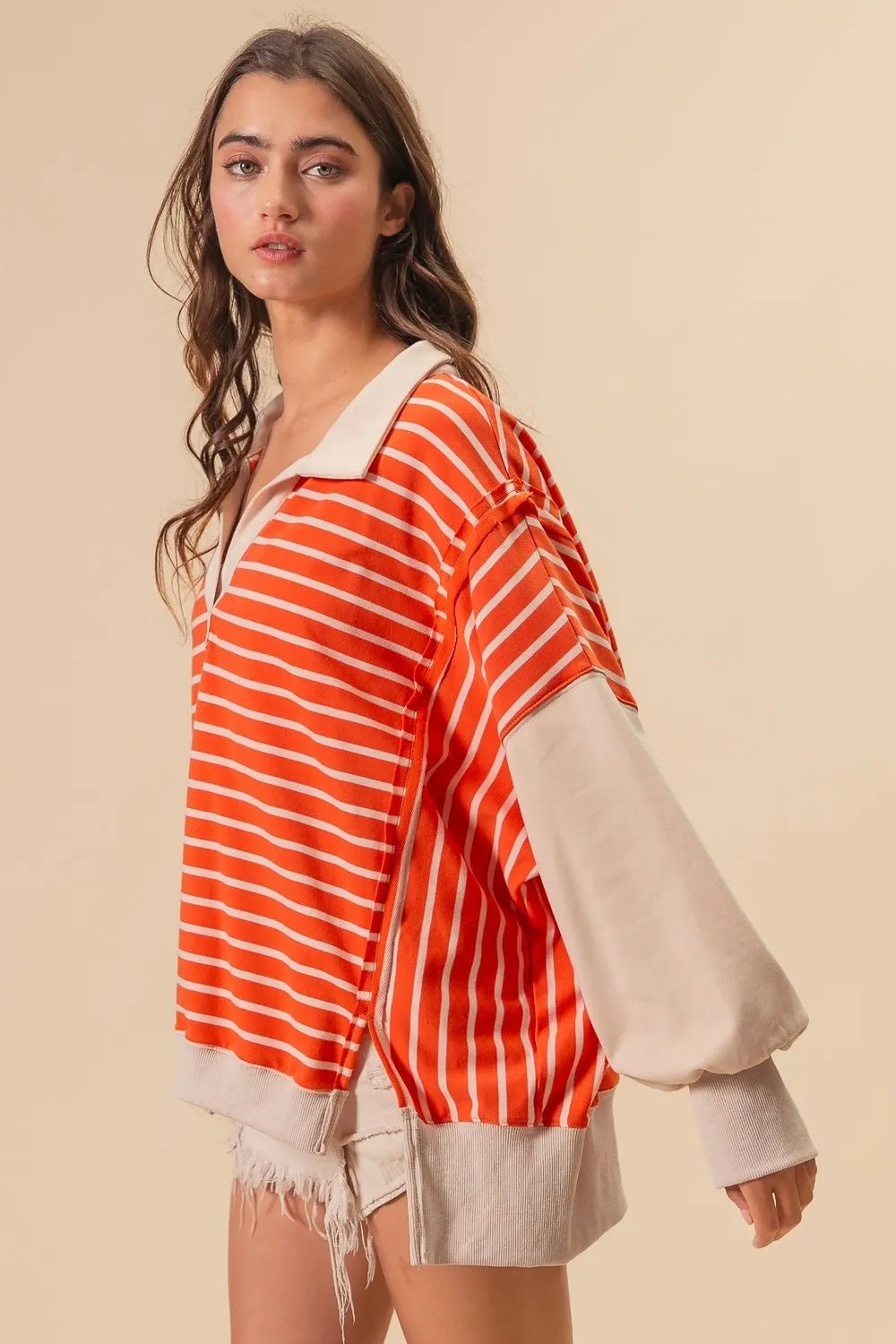 BiBi - Striped Colorblock Rugby Pullover – Tangerine & Cream