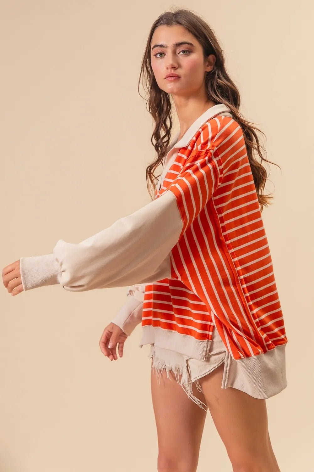 BiBi - Striped Colorblock Rugby Pullover – Tangerine & Cream