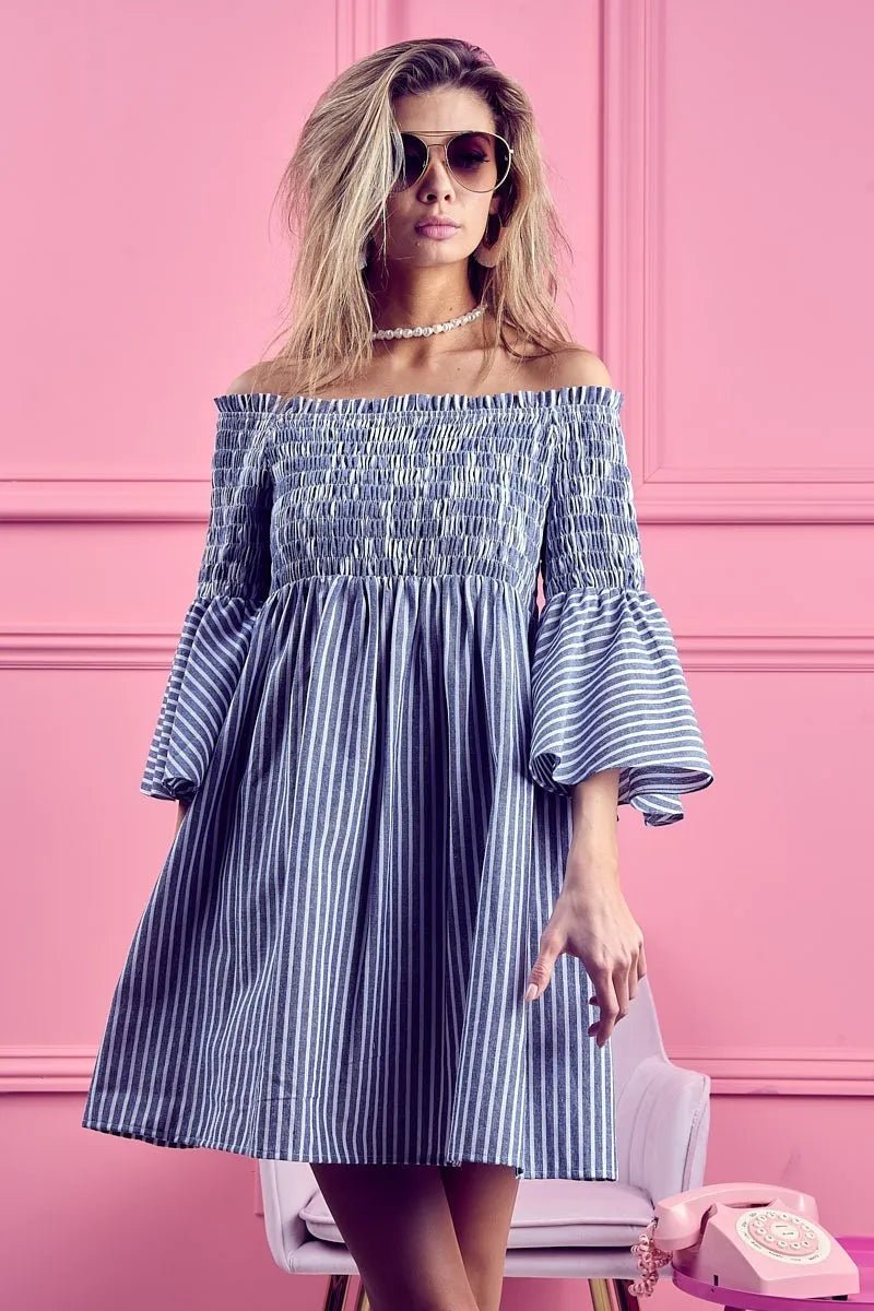 BiBi - Striped Off Shoulder Mini Dress in Blue & White