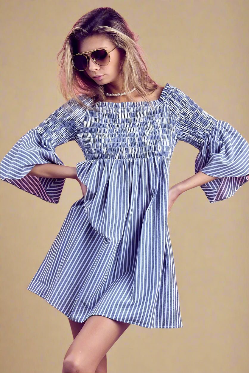 BiBi - Striped Off Shoulder Mini Dress in Blue & White