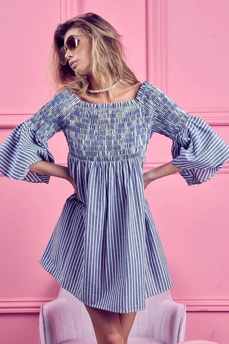 BiBi - Striped Off Shoulder Mini Dress in Blue & White