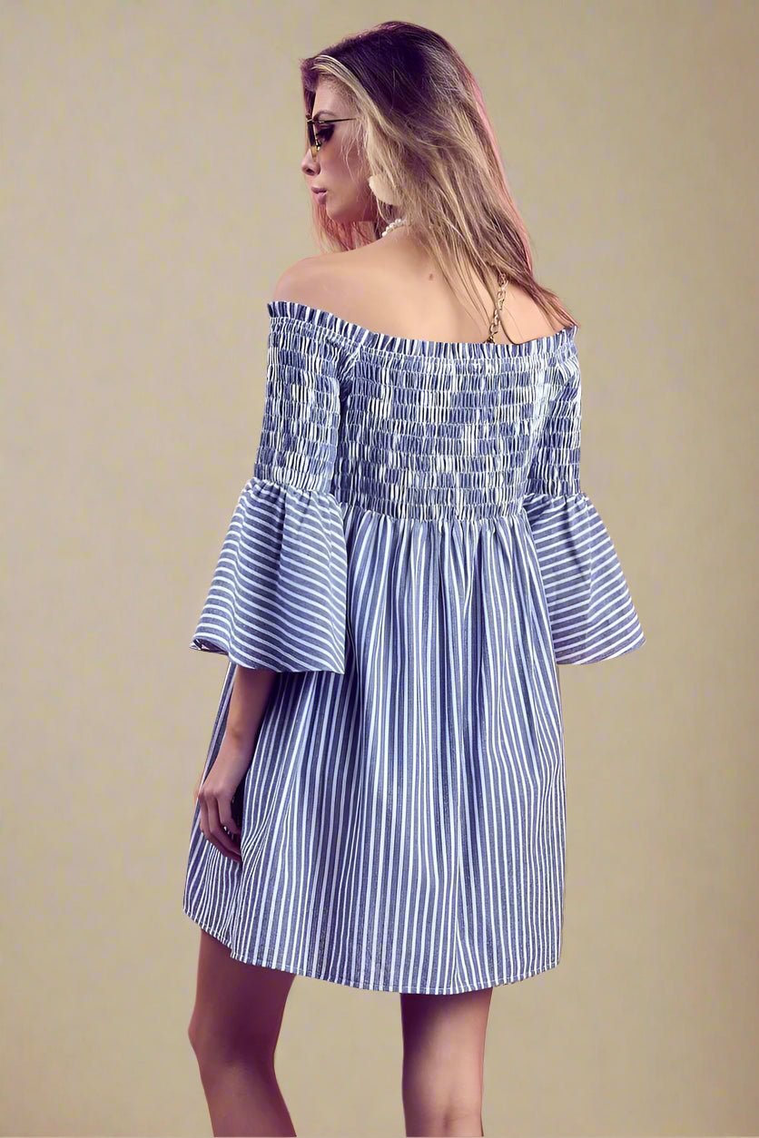 BiBi - Striped Off Shoulder Mini Dress in Blue & White