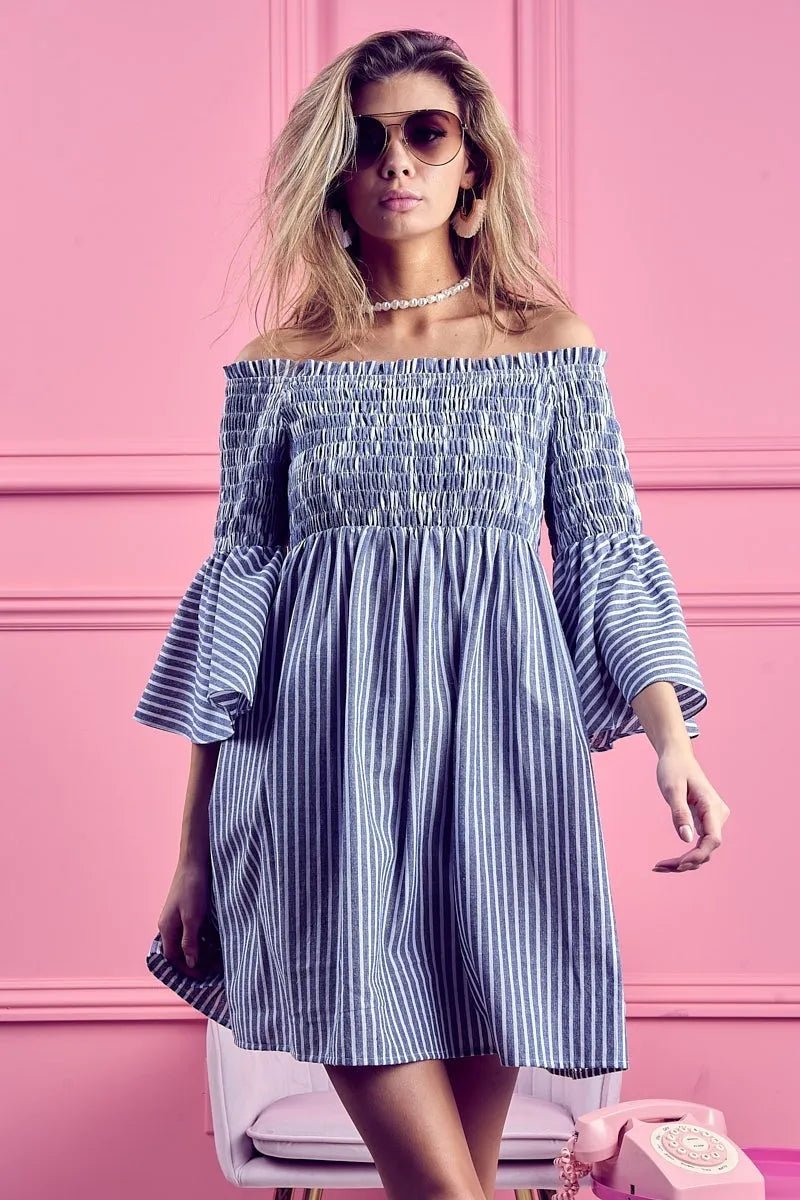 BiBi - Striped Off Shoulder Mini Dress in Blue & White