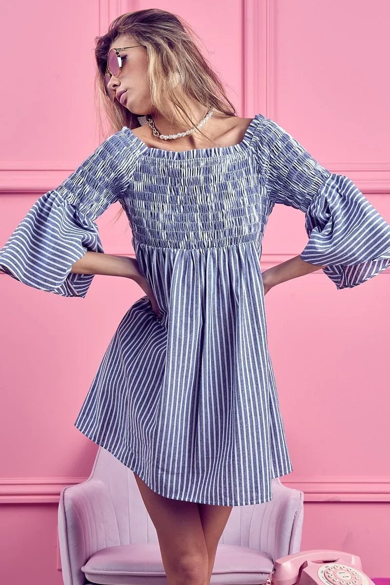 BiBi - Striped Off Shoulder Mini Dress in Blue & White