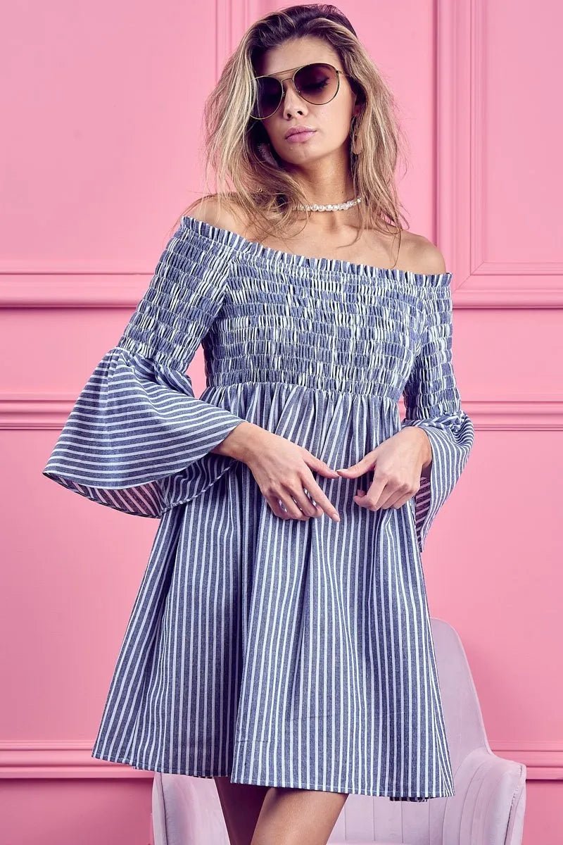 BiBi - Striped Off Shoulder Mini Dress in Blue & White