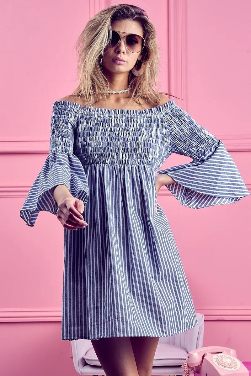BiBi - Striped Off Shoulder Mini Dress in Blue & White