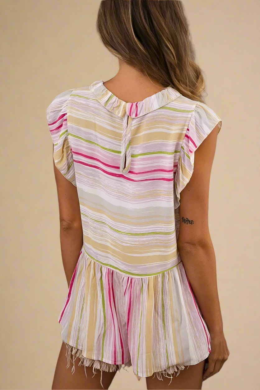 BiBi - Striped Ruffle Sleeve Peplum Top – Pink & Sand