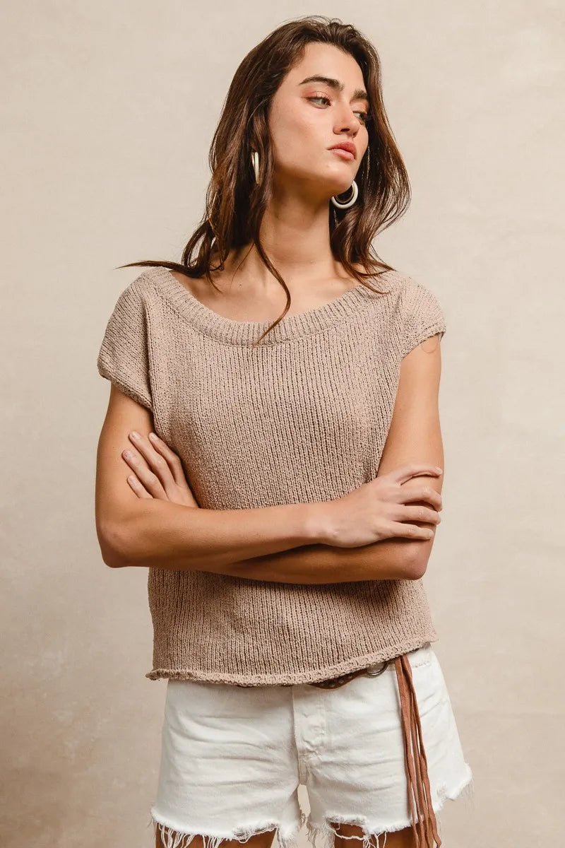 BiBi - Taupe Knit Off Shoulder Cap Sleeve Top