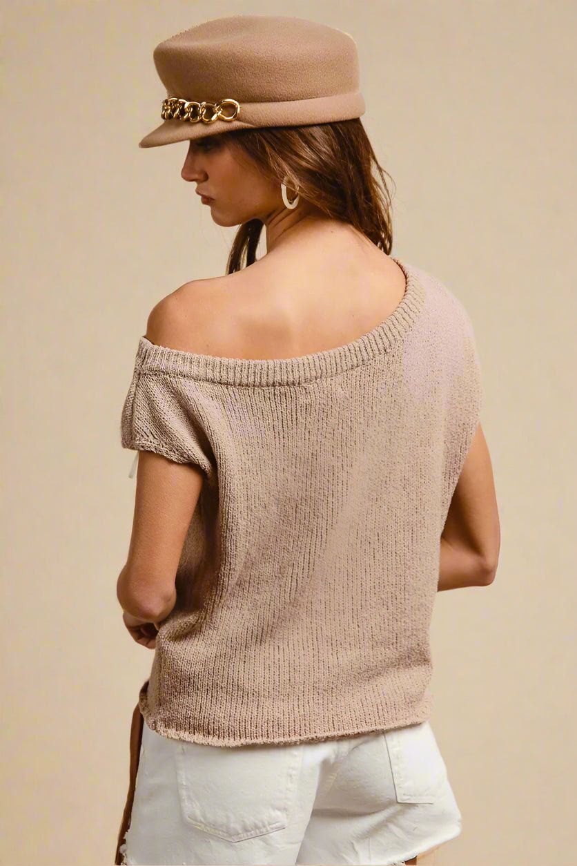 BiBi - Taupe Knit Off Shoulder Cap Sleeve Top
