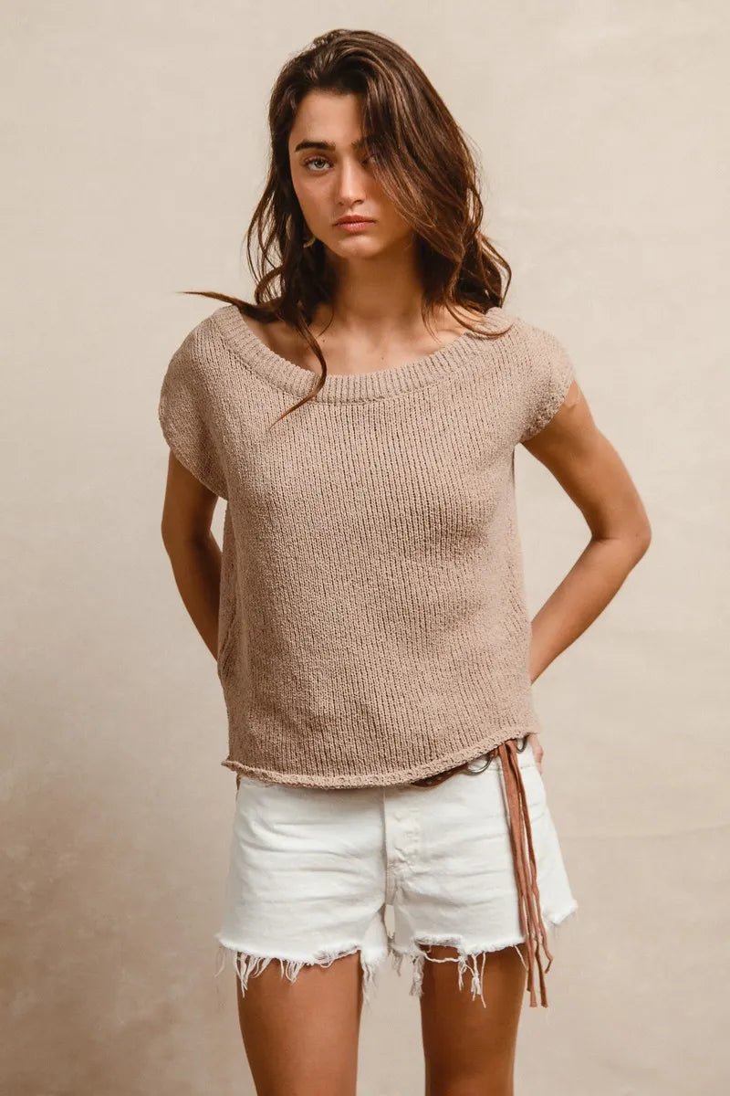 BiBi - Taupe Knit Off Shoulder Cap Sleeve Top