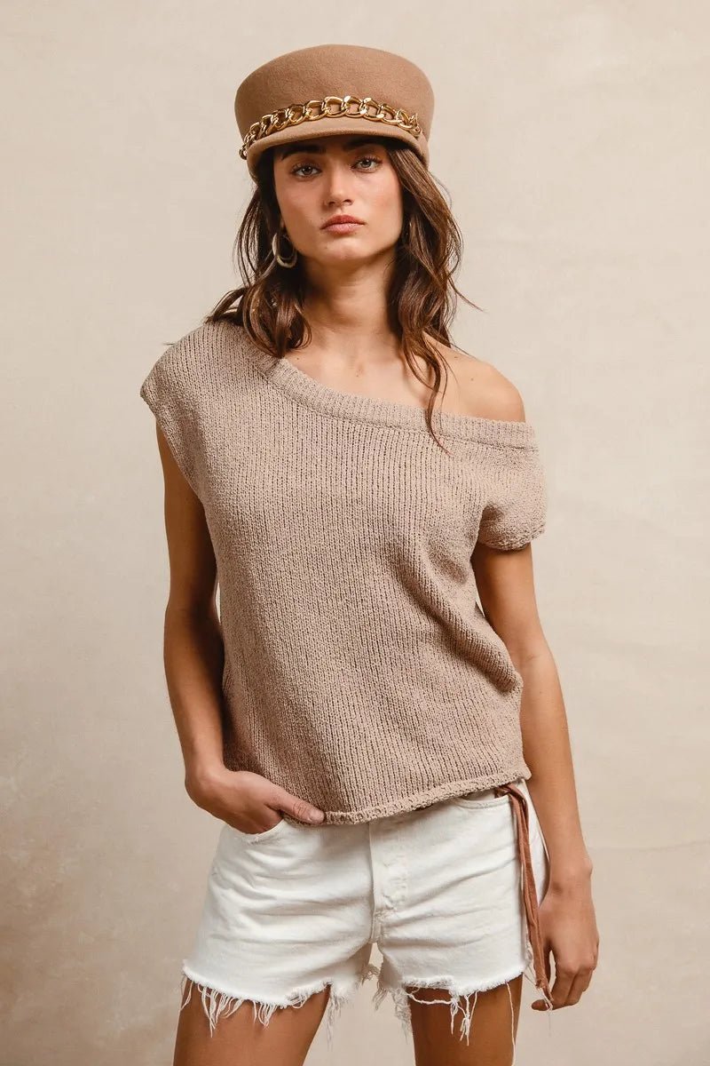 BiBi - Taupe Knit Off Shoulder Cap Sleeve Top