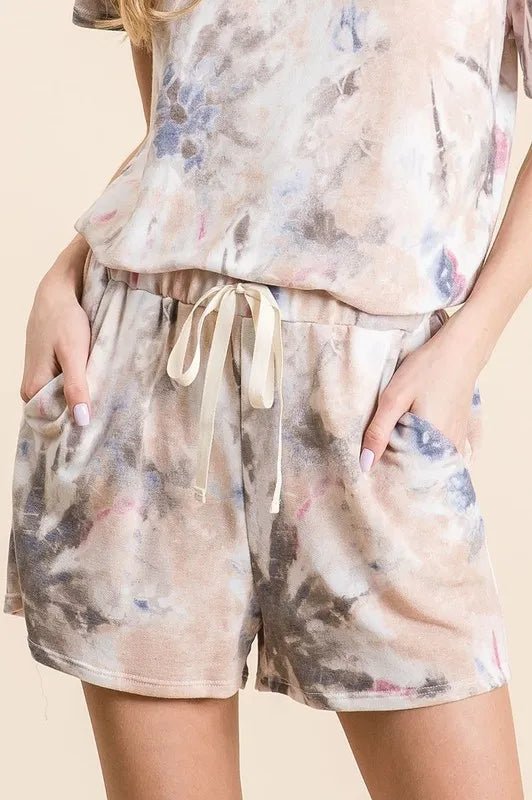 BiBi - Taupe & Lavender Cloud Tie - Dye Drawstring Shorts